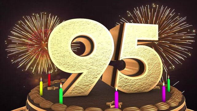 95th birthday chocolate cake animation 3d render in chocolate gold with confetti and balloon background. 4k
