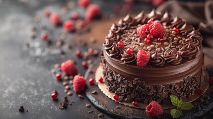 A closeup of a decadent chocolate cake adorned with raspberries and chocolate shavings