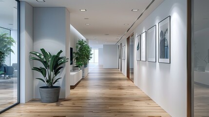 Obraz premium A modern office hallway with white walls wooden floors artwork and plants