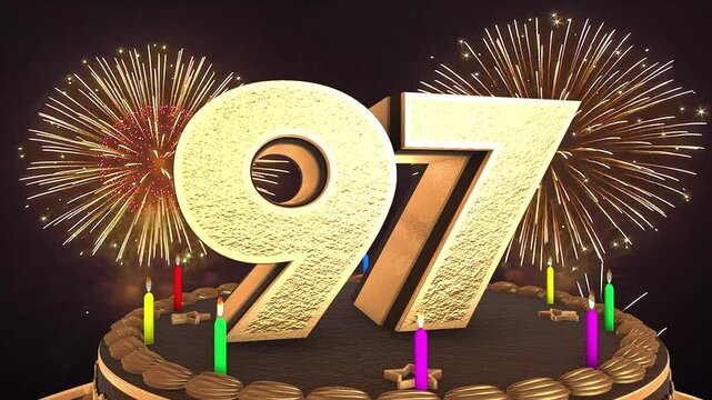 97th birthday chocolate cake animation 3d render in chocolate gold with confetti and balloon background. 4k