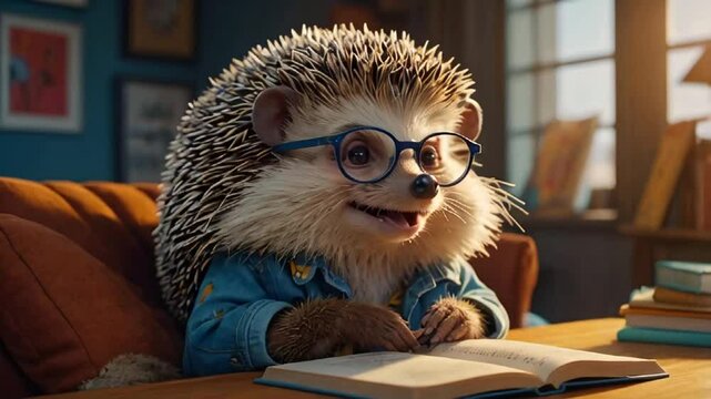 Cute hedgehog reading a book at home