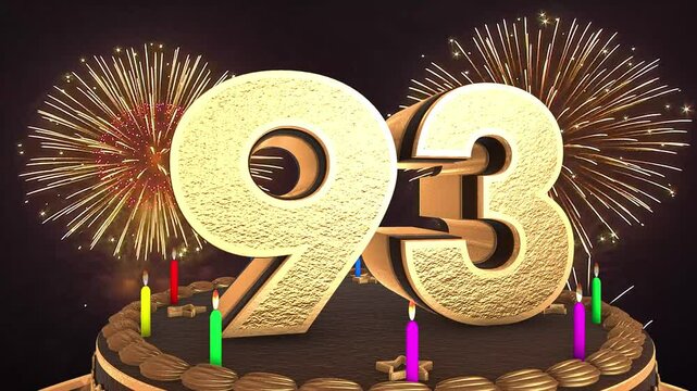 93rd birthday chocolate cake animation 3d render in chocolate gold with confetti and balloon background. 4k