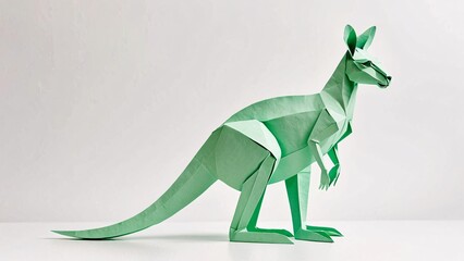 Obraz premium A pastel green paper kangaroo on a solid white background with space for text