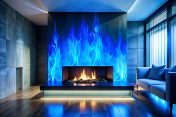 A blue and white room with a fireplace and a couch