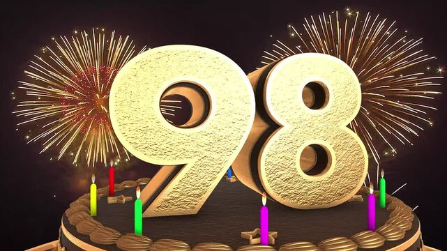 98th birthday chocolate cake animation 3d render in chocolate gold with confetti and balloon background. 4k