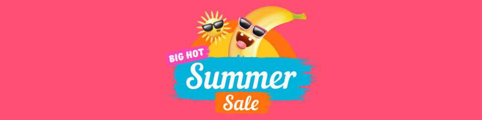 Summer sale funny horizontal banner with cartoon sun and funky banana character isolated on summer pink background. Vector 3d horizontal summer hot sale poster, flyer, banner, tag and background