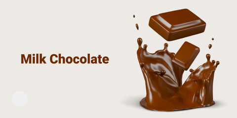 Milk chocolate concept. Pieces of chocolate bars fall into molten mass