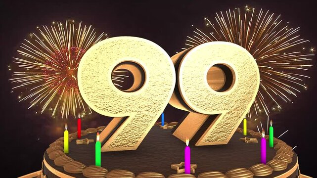 99th birthday chocolate cake animation 3d render in chocolate gold with confetti and balloon background. 4k