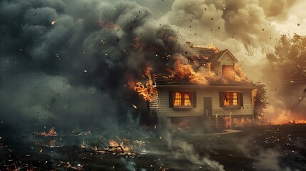 Burning house against cloudy sky background. Fire and smoke concept