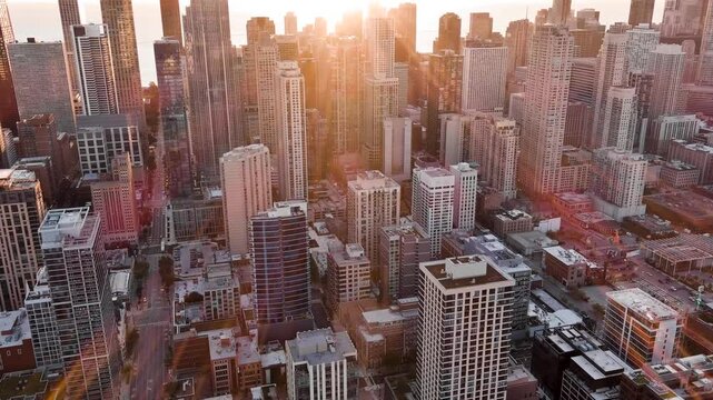 Aerial view of beautiful Chicago City in Illinois, Unites States of America at sunrise. Morning in Chicago