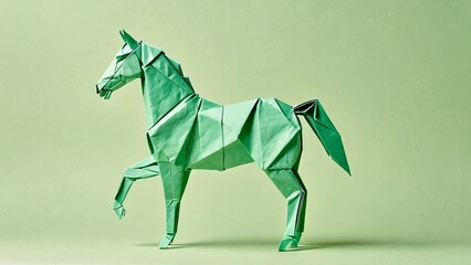 Obraz premium An origami horse in pastel brown on a solid pastel green background with space for text