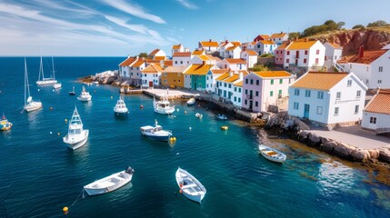 Obraz premium A picturesque coastal village with colorful houses, a fishing harbor, and boats bobbing on the water, high-resolution photo, realistic photo, cinematography, hyper realistic