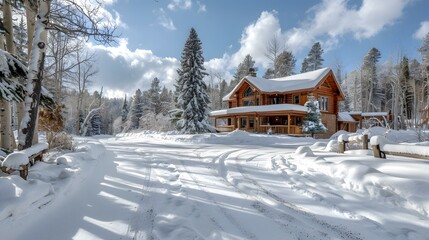 Naklejka premium A wooden house in the snowy forest