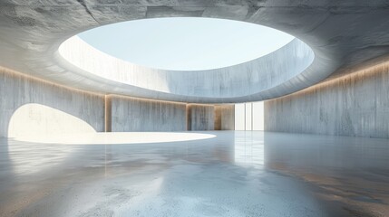 A spacious concrete room with a circular skylight illuminating the open space