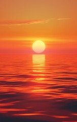 Obraz premium vast ocean, with the sunset setting in the west, an orange sky and red sun, over a calm sea surface