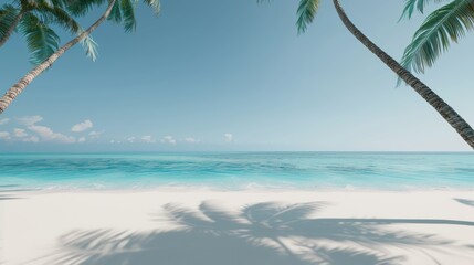 A peaceful beach with soft white sand, turquoise waters, and palm trees swaying in the breeze, high-resolution photo, realistic photo, cinematography, hyper realistic
