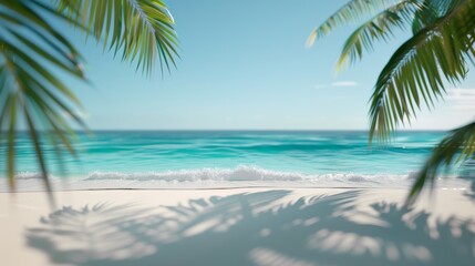 A peaceful beach with soft white sand, turquoise waters, and palm trees swaying in the breeze, high-resolution photo, realistic photo, cinematography, hyper realistic