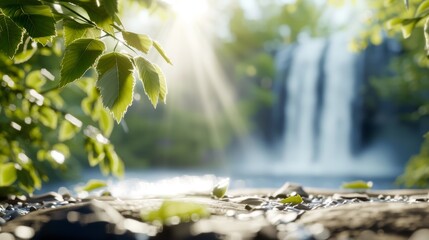 Fototapeta premium A peaceful forest trail with dappled sunlight filtering through the leaves, leading to a hidden waterfall, high-resolution photo, realistic photo, cinematography, hyper realistic