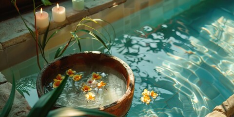 A serene spa setting with a pool, candles, flowers, potted plants, offering Thai massage and therapeutic baths for relaxation.