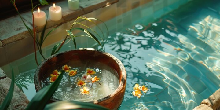 A serene spa setting with a pool, candles, flowers, potted plants, offering Thai massage and therapeutic baths for relaxation.