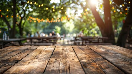 A rustic wooden tabletop with a blurred background of a summer backyard scene