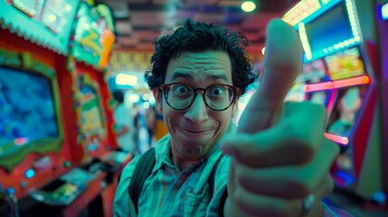 Obraz premium Happy Man in Arcade Giving Thumbs Up