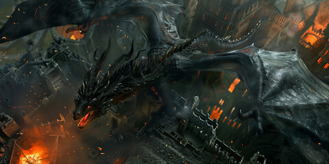 Obraz premium Big black dragon near the black castle wall, fire, top view, realism
