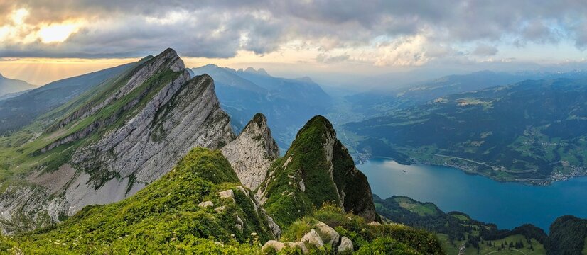 Dramatic sunrise from the Selun peak of the Churfirsten in the Toggenbrug. Hiking in the beautiful Appenzell Alps. High quality photo
