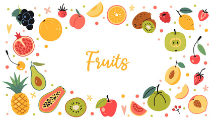 Frame with natural tropical fruit. Healthy eating, fresh food. Trendy modern vector illustration isolated on white background, hand drawn, flat design
