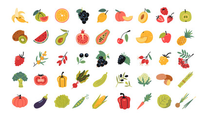 Fruits, vegetables and berries set. Healthy eating, fresh food. Trendy modern vector illustration isolated on white background, hand drawn, flat design