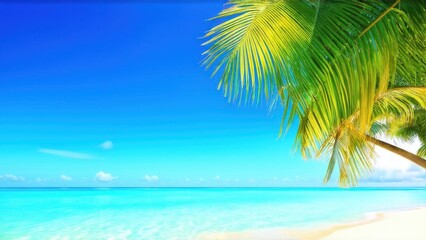 Obraz premium Palm tree on tropical beach with blue sky and white clouds abstract background. Copy space of summer vacation and business travel concept. Vintage tone filter effect color style