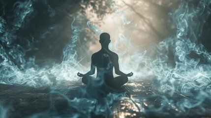 Obraz premium Silhouette of a person practicing yoga in a lotus pose, meditating on wooden floor in a mystical forest surrounded by smoke