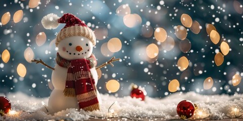 Fototapeta premium Christmas background: Snowman with hat and scarf in winter. Christmas warm ambiance, xmas tree lights, bokeh background. Snow and ice season. Minimalist still life style. With copy space