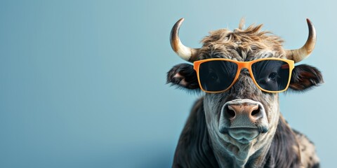 Naklejka premium cute bull with fashion sunglasses studio background shot, with copy space, premium stock