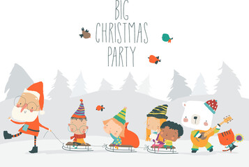 Cartoon Santa Claus going to Big Party with Happy Kids and Animals. Vector Illustration