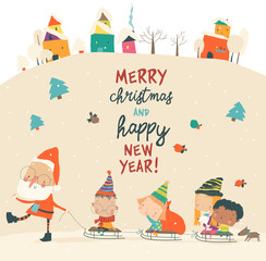 Cartoon Santa Claus going to ride Kids in Sleigh. Vector Illustration