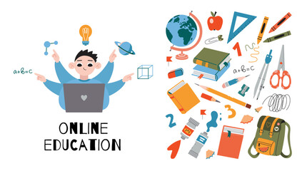 Distance education concept, Teenage boy with many arms using laptop to study. Online School, tutorials and courses, e-learning. Trendy vector illustration, hand drawn, flat design