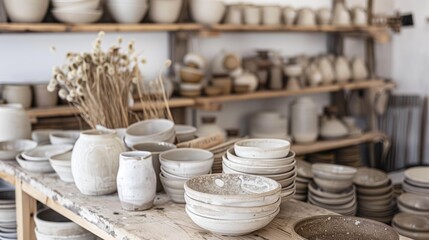 Handmade ceramic tableware in a pottery studio setting