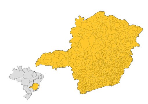 Mapa del estado de Minas Gerais con delimitaciones municipales en Brasil