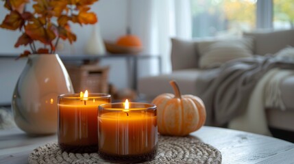 seasonal home fragrances, softly flickering aromatic candles on the table fill the room with the rich scents of apple spice and pumpkin, making it perfect for the autumn season