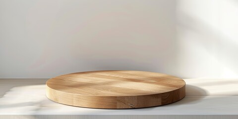 Empty beautiful round wood table top counter on interior in clean and bright with shadow background, Ready,white background, for product montage, with copy space