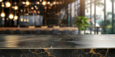 Empty black gold marble stone table top and blur glass window interior cafe and restaurant banner mock up abstract background