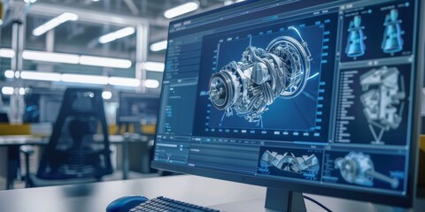 Engineering designer design 3D CAD software program Industrial engine model mechanical dimensional digital manufacturing factory engineer computer screen. 3d rendering, with copy space