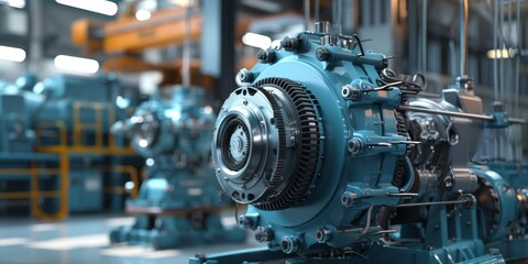 Fototapeta premium Engineering designer design 3D CAD software program Industrial engine model mechanical dimensional digital manufacturing factory engineer, realistic 3d render