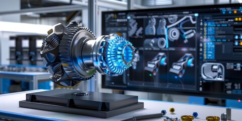 Fototapeta premium Engineering designer design 3D CAD software program Industrial engine model mechanical dimensional digital manufacturing factory engineer
