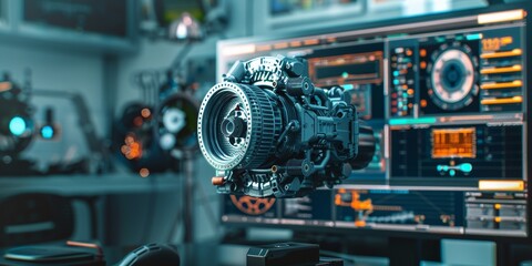 Fototapeta premium Engineering designer design 3D CAD software program Industrial engine model mechanical dimensional digital manufacturing factory engineer computer screen. 3d rendering