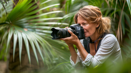Female wildlife photographer capturing nature in dense tropical jungle