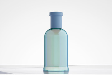 A bottle of perfume is placed on a smooth marble countertop, 3d render