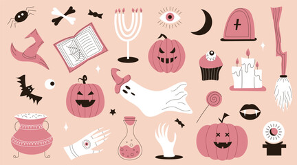 Set of Halloween scary elements. Pumpkin, cauldron, ghost, coffin, candles, eye. Flat vector illustration