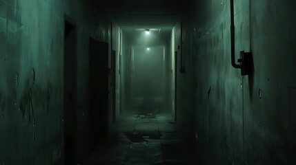 Creepy corridor in a dark abandoned building